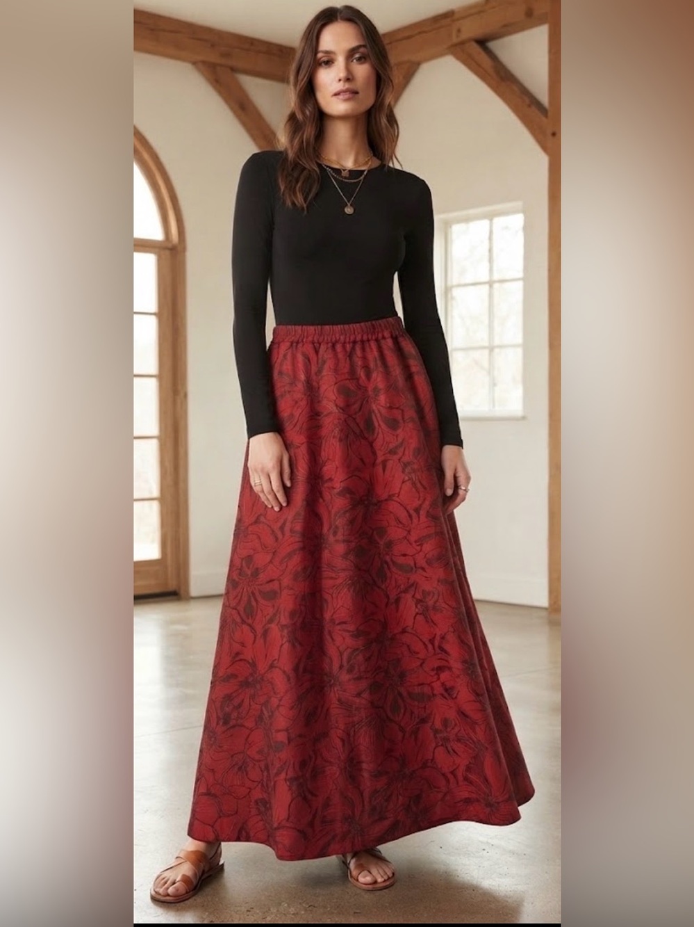 Luna Red Floral Jacquard A-Line Maxi Skirt Size Large Elastic Waist Holiday NWOT